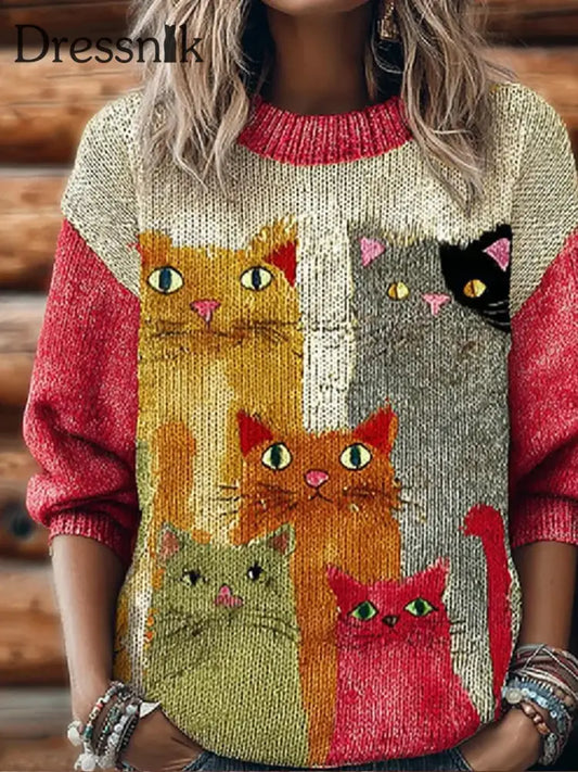Damen Vintage Katzen Kunstdruck pullover A / S