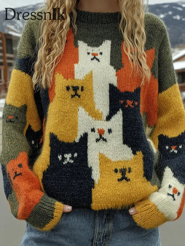 Damen Vintage Katzen Kunstdruck pullover A / S