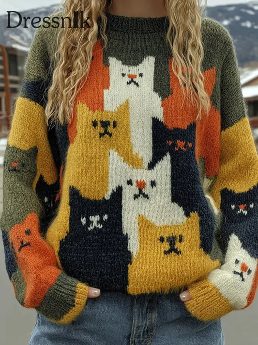 Damen Vintage Katzen Kunstdruck pullover A / S