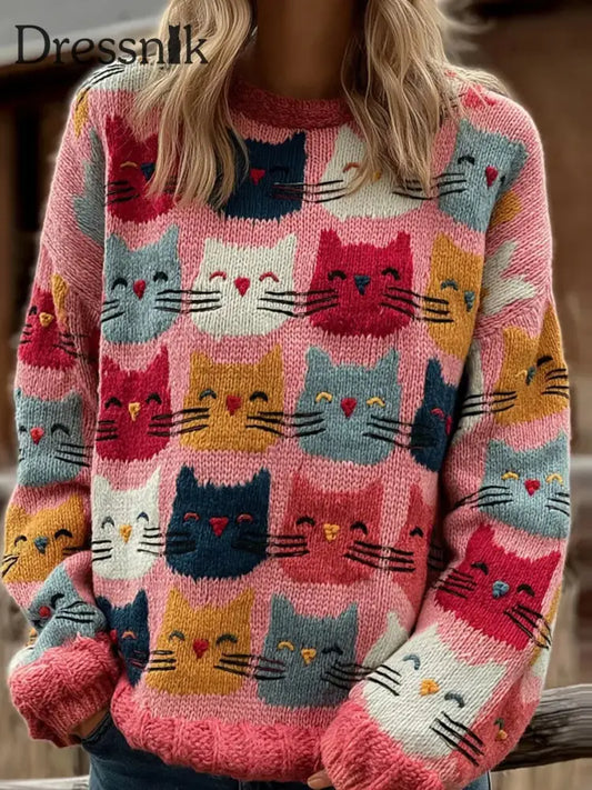 Damen Vintage Katzen Kunstdruck pullover A / S