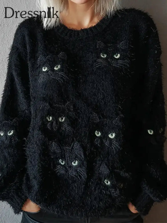 Damen Vintage Katzen Kunstdruck pullover A / S