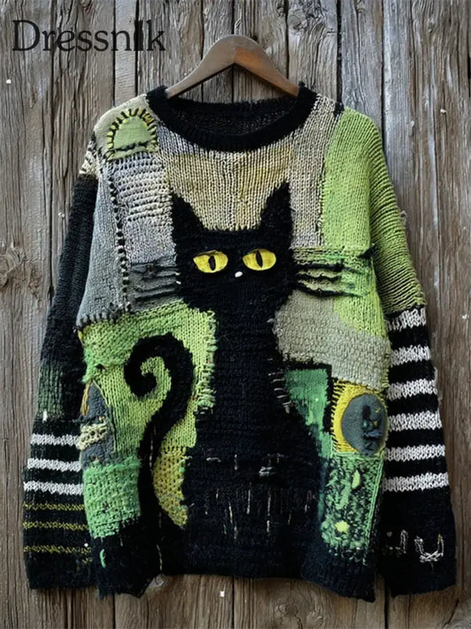 Damen Vintage Katzen Kunstdruck pullover A / S