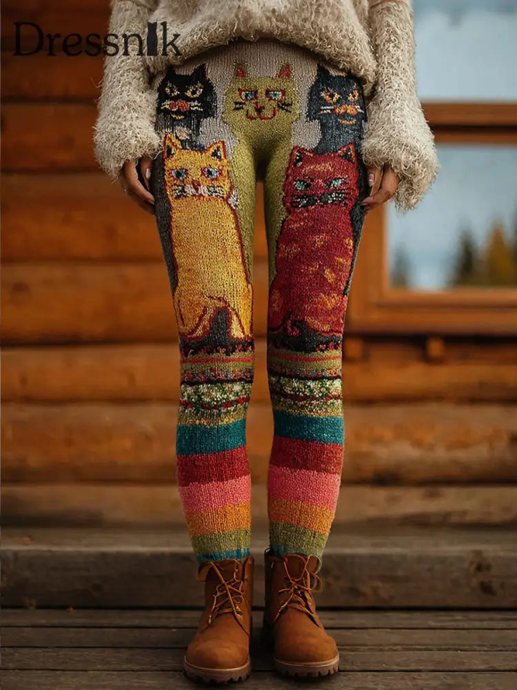 Damen Vintage Katzen Print Leggings als bild / S