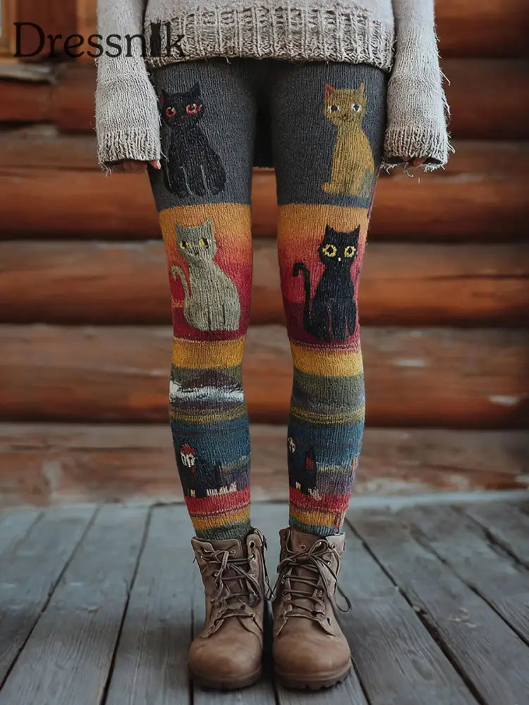 Damen Vintage Katzen Print Leggings Grau-Orange / S