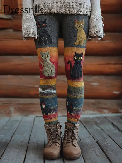 Damen Vintage Katzen Print Leggings Grau-Orange / S