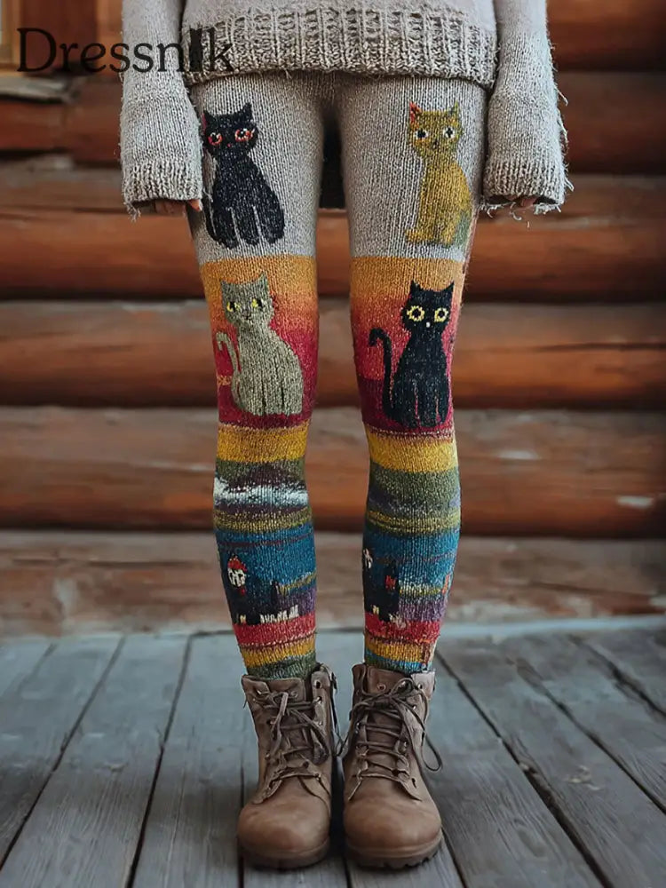 Damen Vintage Katzen Print Leggings Orange / S