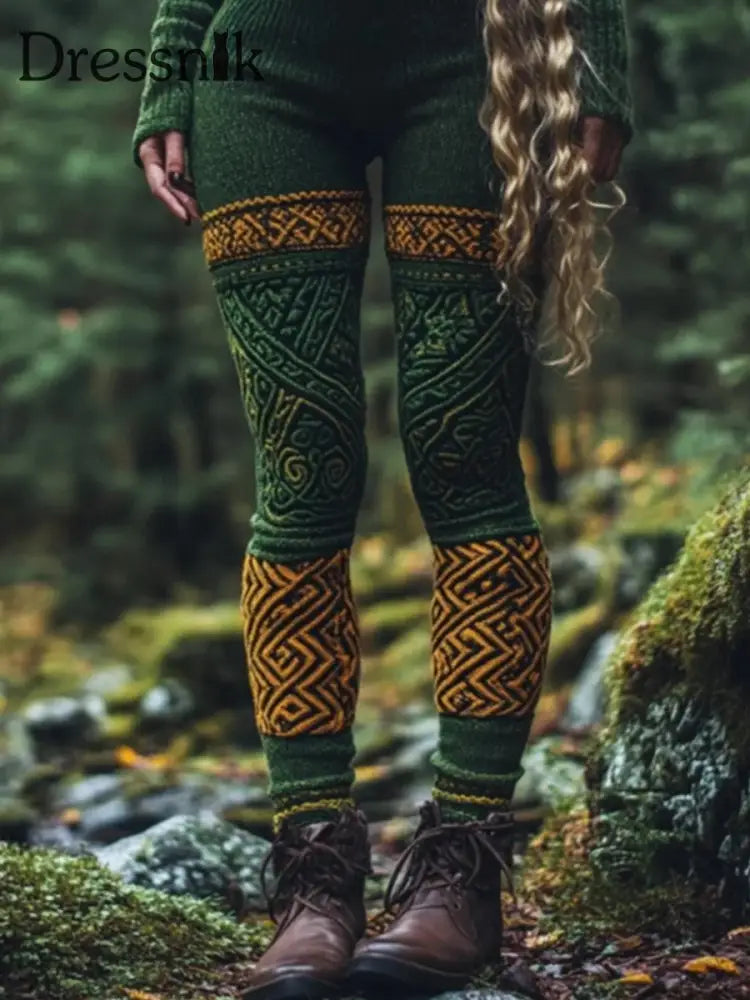 Damen Vintage keltische Kontrast farbe Gemütliche Strick leggings Grün / S