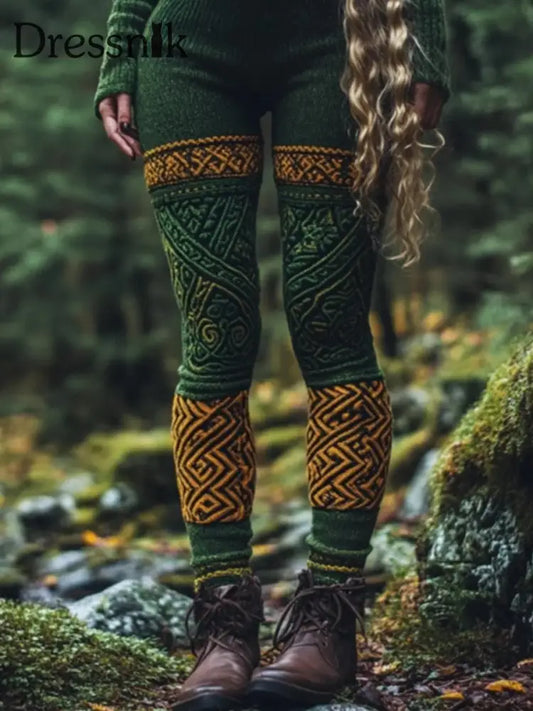 Damen Vintage keltische Kontrast farbe Gemütliche Strick leggings Grün / S