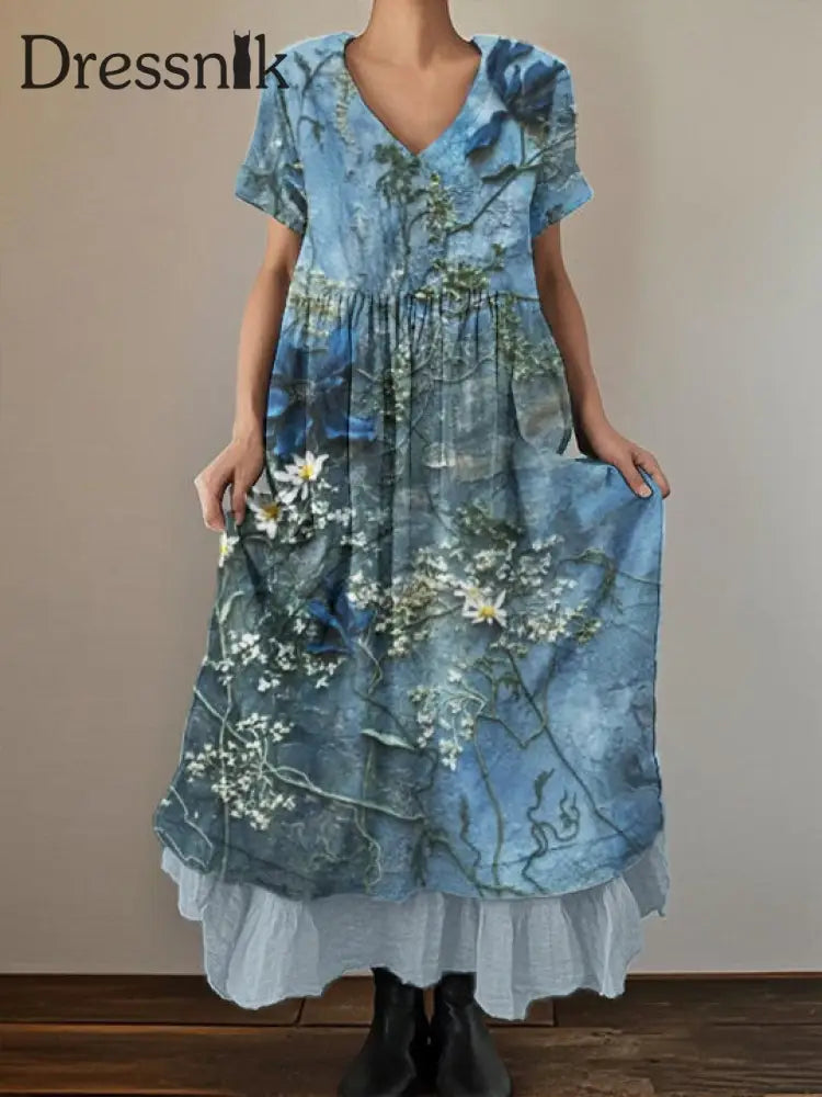 Damen-Vintage-Kleid mit Blumen druck aus Baumwolle und Leinen blau / S