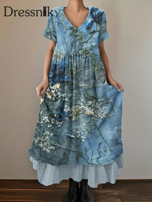 Damen-Vintage-Kleid mit Blumen druck aus Baumwolle und Leinen blau / S