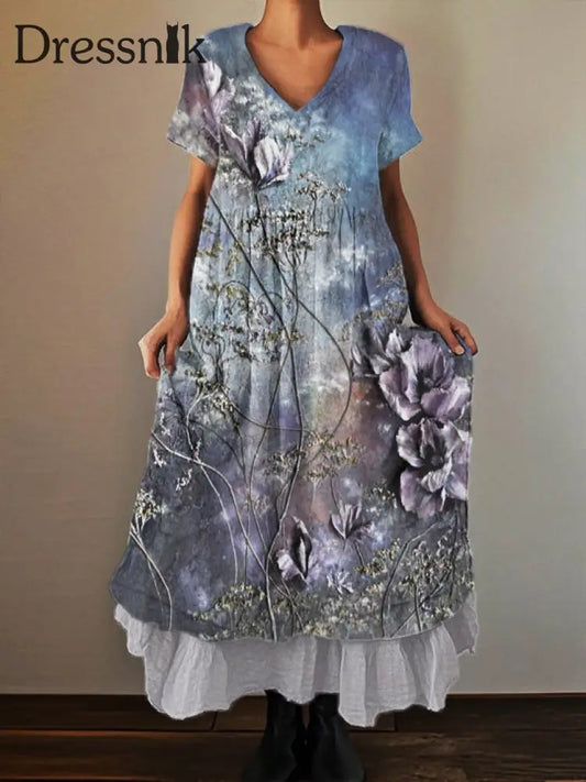 Damen-Vintage-Kleid mit Blumen druck aus Baumwolle und Leinen Lila / S