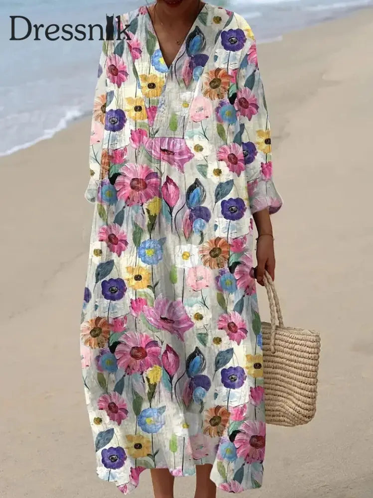 Damen Vintage-Kleid mit Blumen druck Lässiges Baumwoll-Leinen mit 3/4 Ärmeln bunt / S