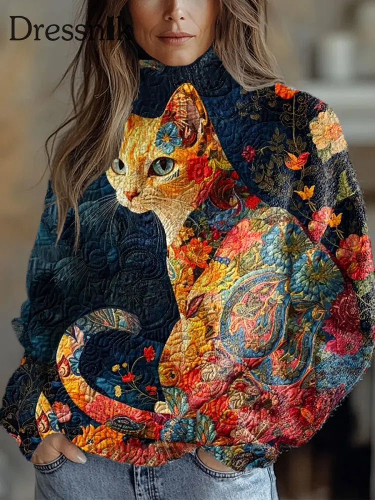 Damen Vintage Kunst Katze Kunstdruck Lässiger Schicker Pullover A / S