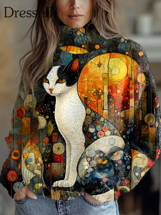 Damen Vintage Kunst Katze Kunstdruck Lässiger Schicker Pullover A / S