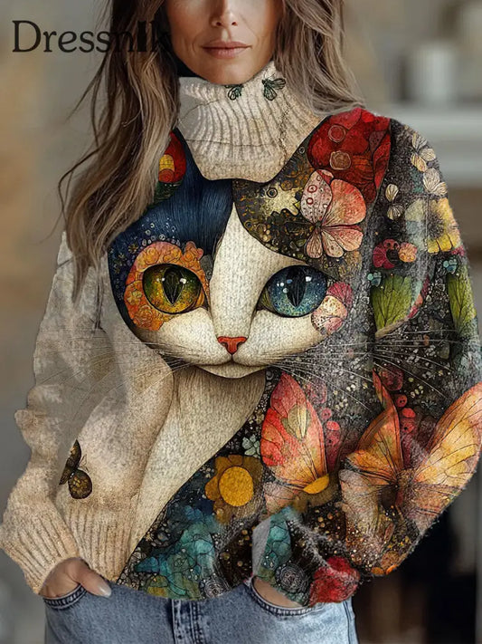 Damen Vintage Kunst Katze Kunstdruck Lässiger Schicker Pullover A / S