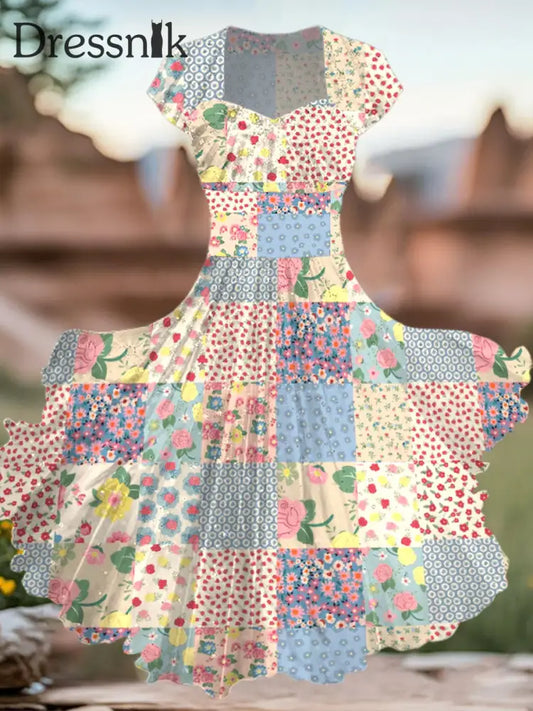 Damen Vintage Kunst Kleid mit Blumen druck als bild / S