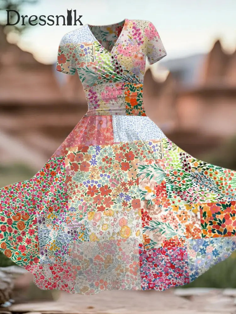 Damen Vintage Kunst Kleid mit Blumen druck als bild / S