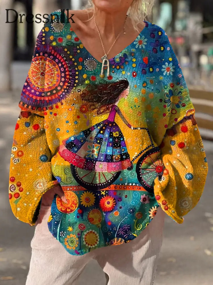 Damen Vintage Kunstdruck Chic V-Ausschnitt lässig Pullover Pullover A / S