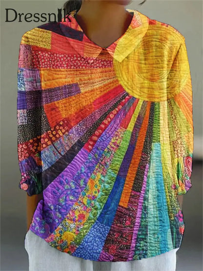 Damen Vintage Kunstdruck Freizeit hemd aus Baumwolle und Leinen 3/4 Ärmel 5XL