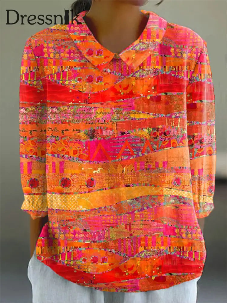 Damen Vintage Kunstdruck Freizeit hemd aus Baumwolle und Leinen 3/4 Ärmel S