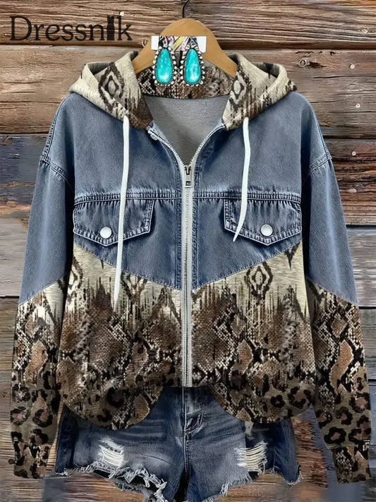 Damen Vintage Kunstdruck Patchwork Kapuzen pullover mit Reiß verschluss als bild / S