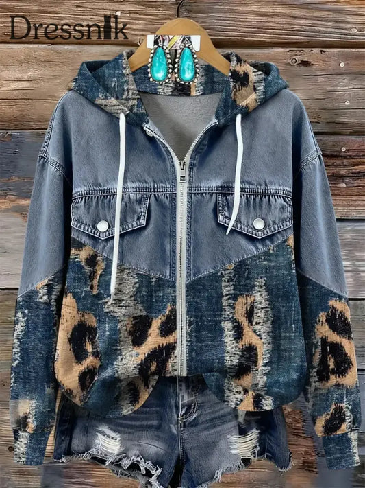 Damen Vintage Kunstdruck Patchwork Kapuzen pullover mit Reiß verschluss als bild / S