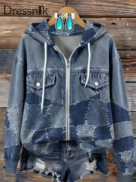 Damen Vintage Kunstdruck Patchwork Kapuzen pullover mit Reiß verschluss als bild / S
