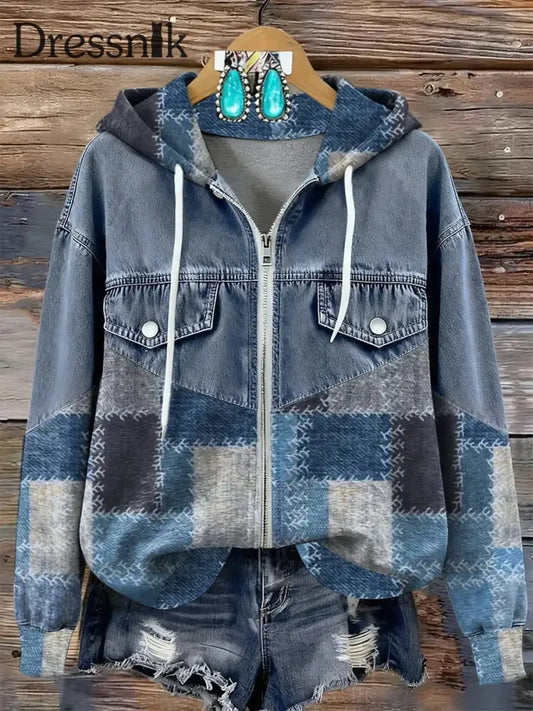 Damen Vintage Kunstdruck Patchwork Kapuzen pullover mit Reiß verschluss als bild / S