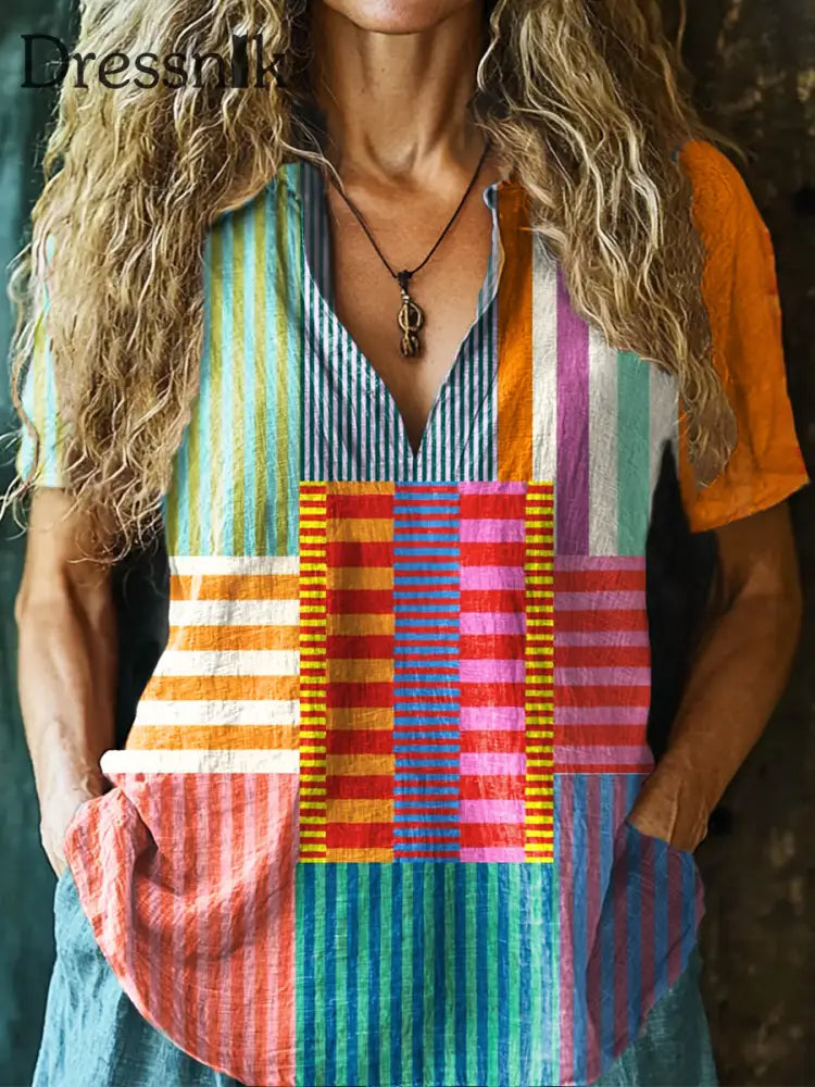 Damen Vintage Kunstdruck V-Ausschnitt lässig aus Baumwolle und Leinen Hemd Top A / S