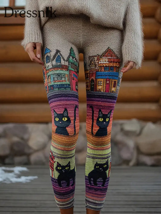 Damen-Vintage-Leggings mit schwarzem Katzen-Print als bild / S