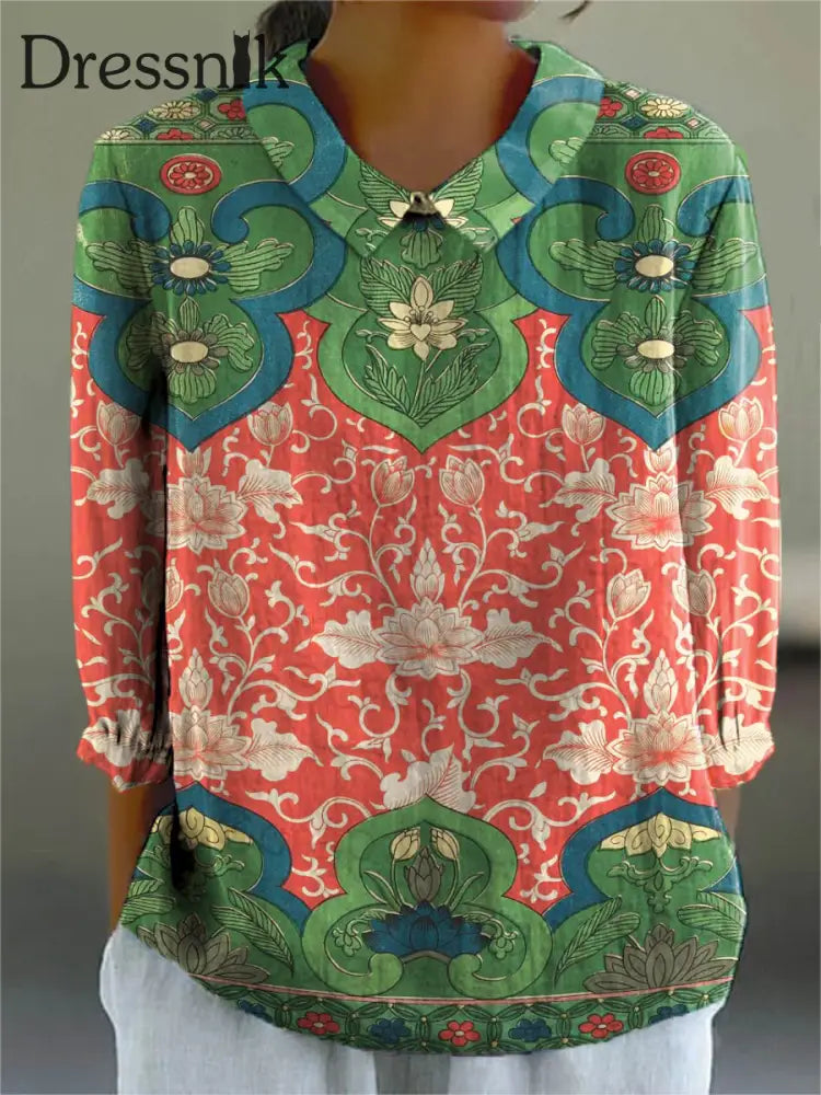 Damen Vintage Lovely Floral Art Print Freizeit hemd aus Baumwolle und Leinen 3/4 Ärmel Jacinth / S