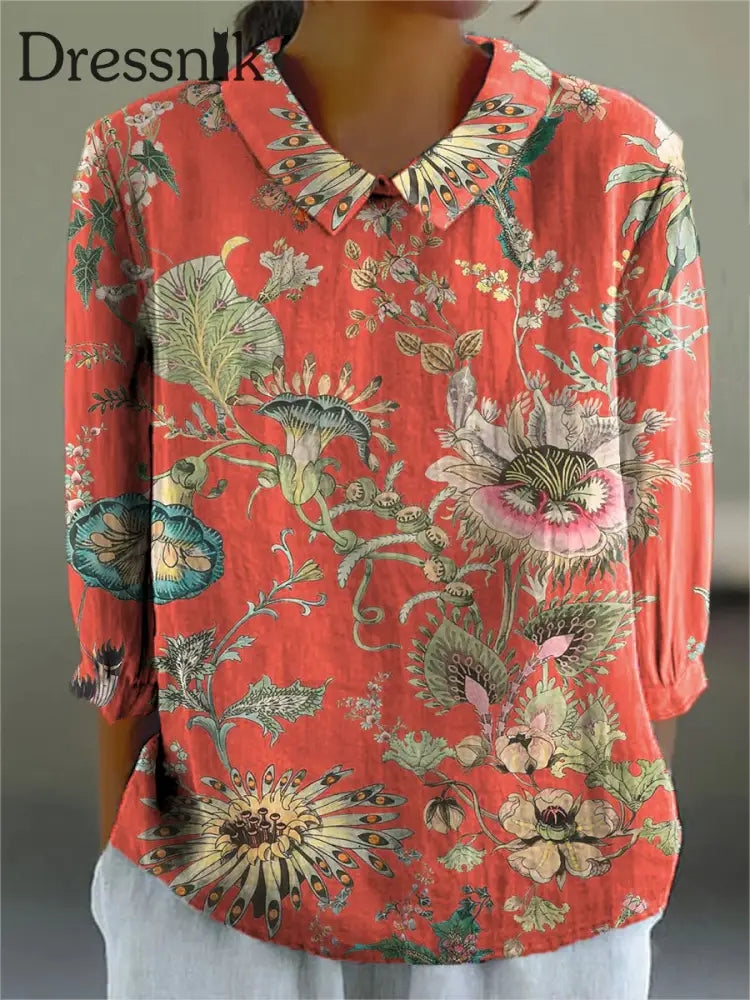 Damen Vintage Lovely Floral Art Print Freizeit hemd aus Baumwolle und Leinen 3/4 Ärmel Jacinth / S