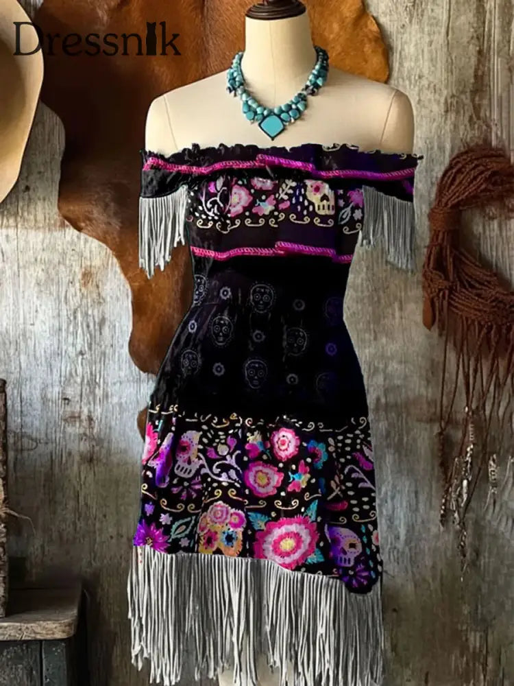 Damen Vintage Mexikanische Blumen Kunstdruck schulter frei Midi A / S