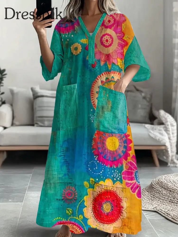 Damen-Vintage-Midi-Ärmel-Midi-Kleid mit V-Ausschnitt und Sunfloral-Print bunt / S