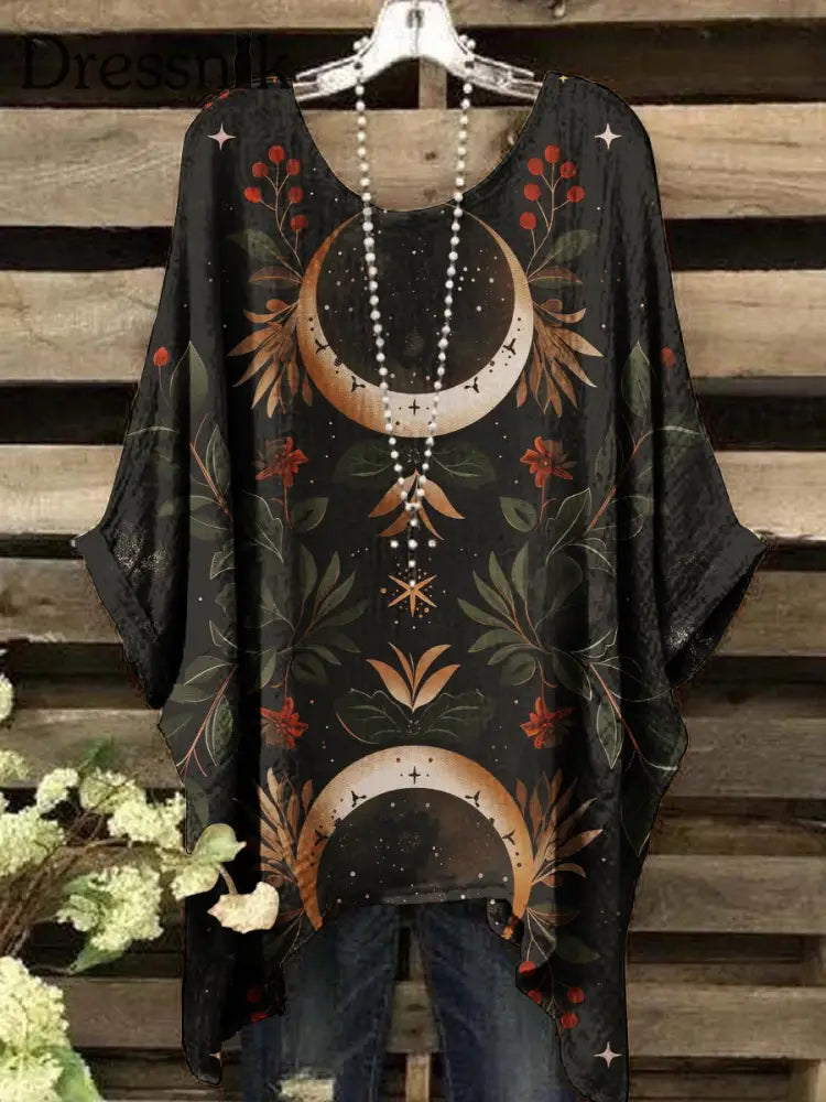 Damen Vintage Moon Floral Mystery Print Casual Kurzarm Top bunt / S