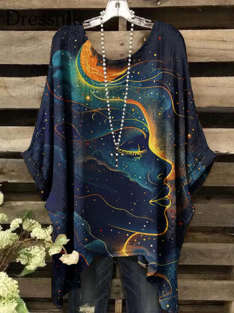 Damen Vintage Moon God Mystery Print Casual Kurzarm Top bunt / S