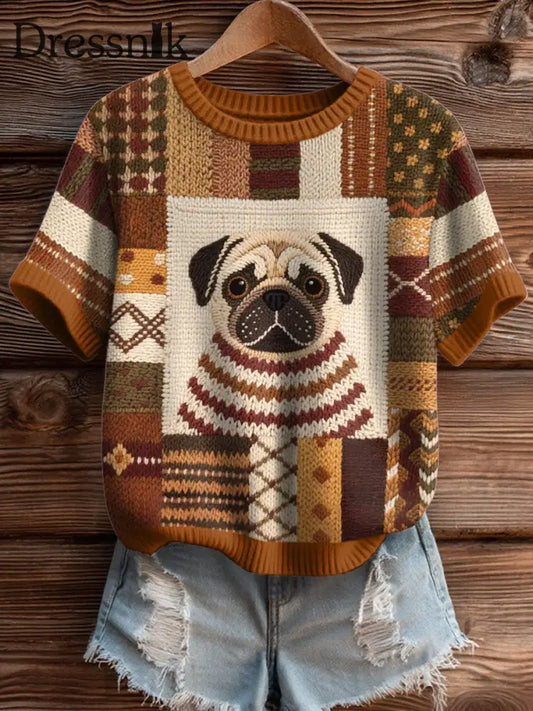Damen Vintage Mops Muster Gemütliches Strick oberteil als bild / S