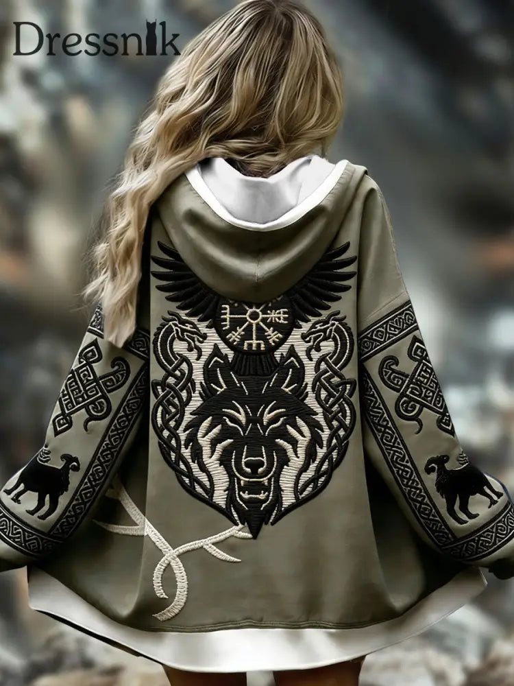 Damen Vintage nordische Mythologie Raven Totem Freizeit Kapuzen jacke mehrfarbig / S