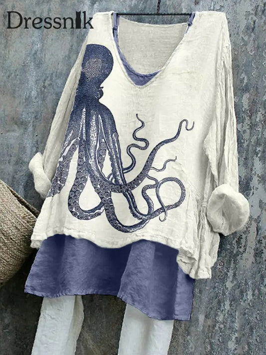 Damen Vintage Octopus Kunstdruck Leinen hemd als bild / S