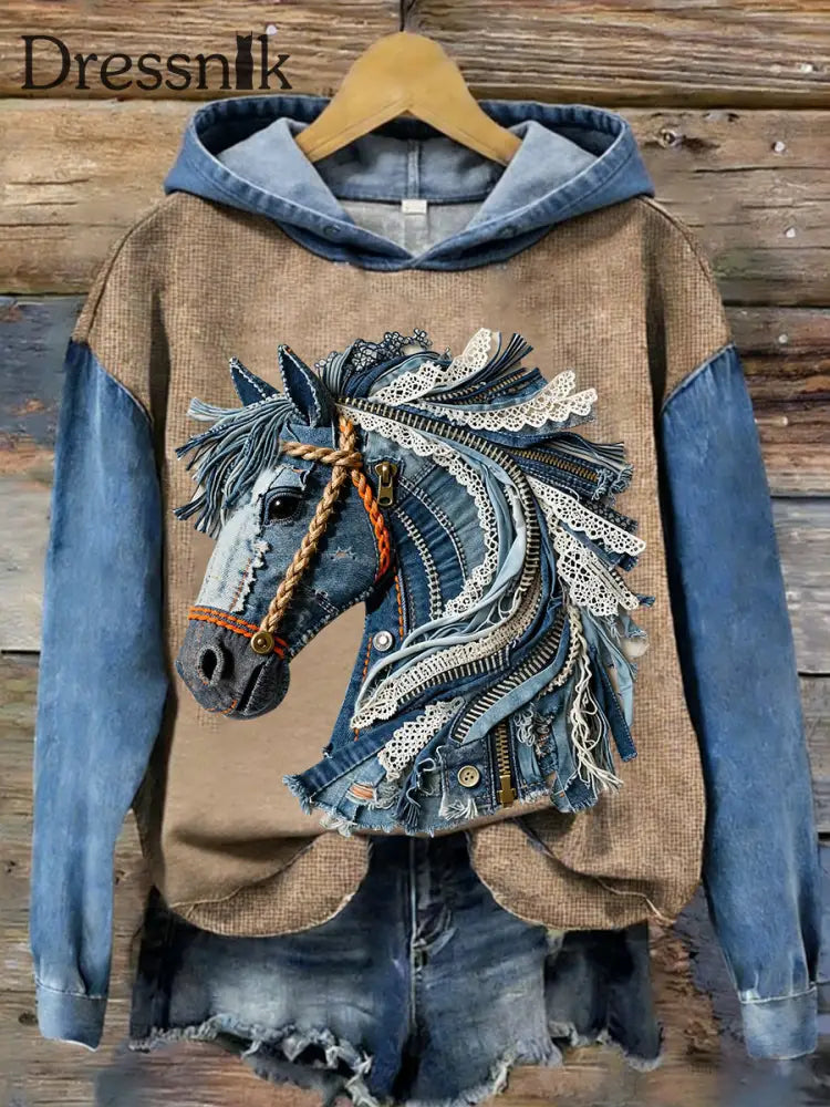 Damen Vintage Pferd Kunst Patchwork Kapuzen Sweatshirt als bild / S