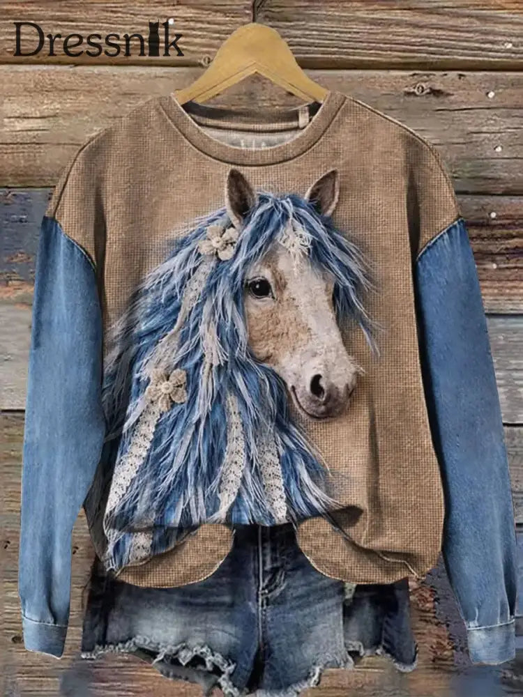 Damen Vintage Pferd Kunst Sweatshirt als bild / S