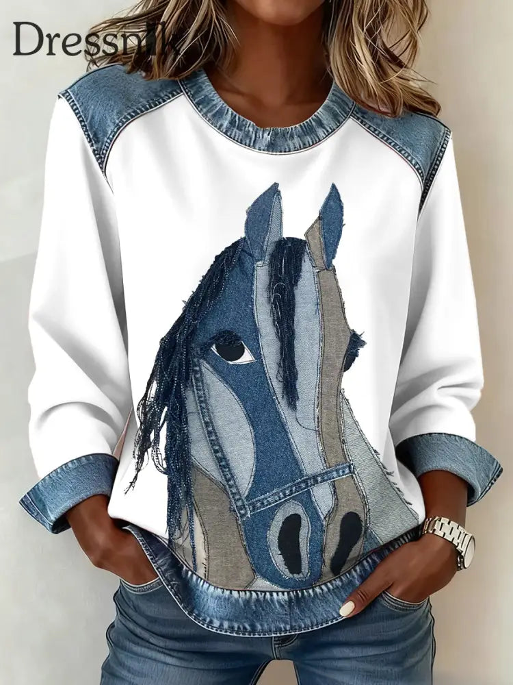 Damen Vintage Pferde Kunst Denim Patchwork Top Weiß / S