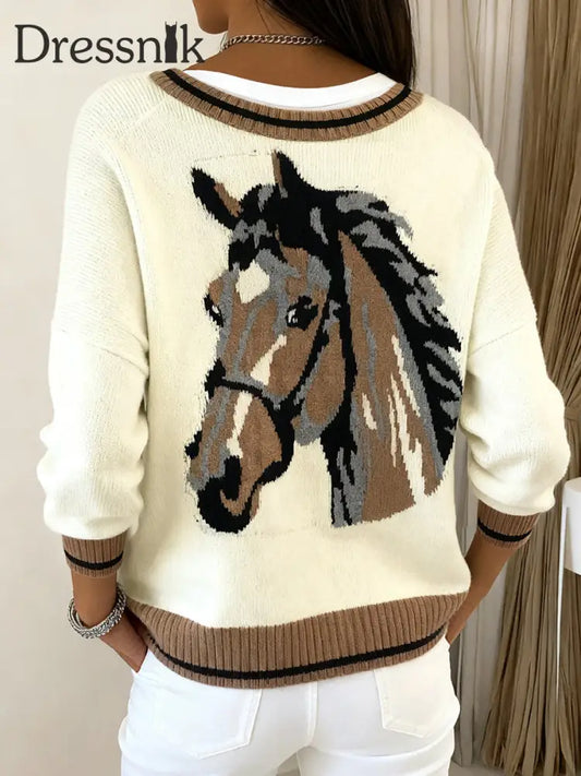 Damen Vintage Pferde muster Gemütliche Strickjacke Aprikose / S