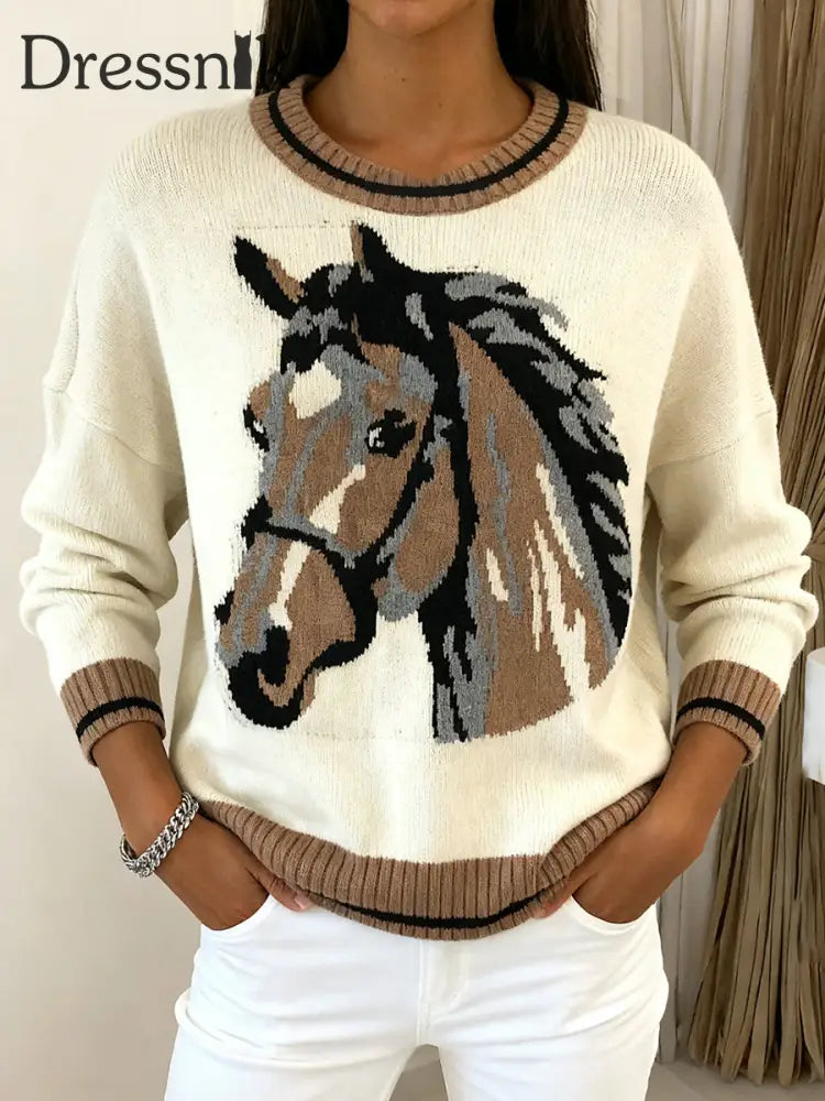 Damen Vintage Pferde muster Gemütlicher Strick pullover Aprikose / S