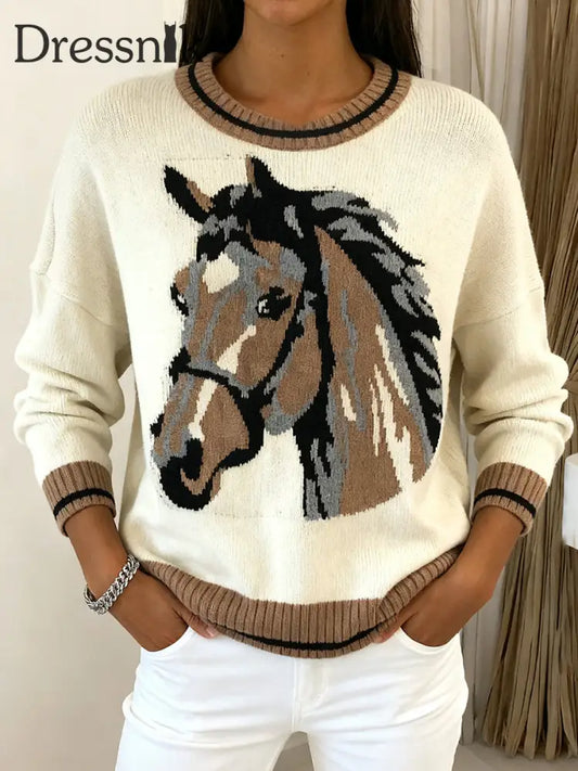 Damen Vintage Pferde muster Gemütlicher Strick pullover Aprikose / S