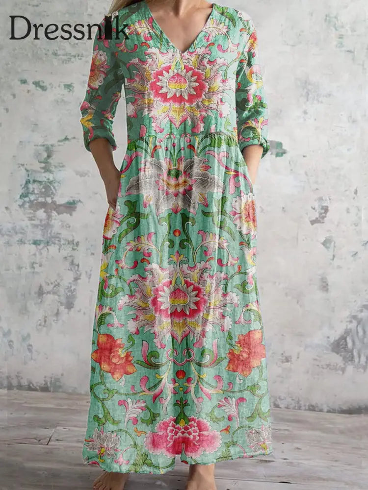 Damen Vintage Position ierung Bedrucktes Baumwoll-Leinen kleid Grün / S