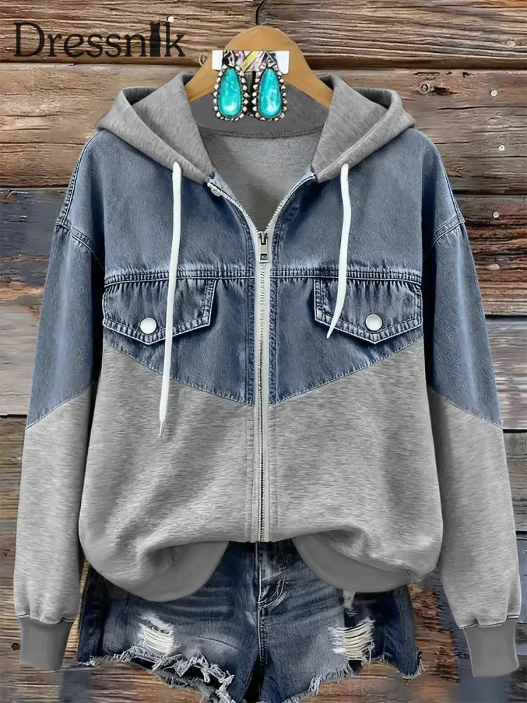 Damen Vintage Print Patchwork Kapuzen pullover mit Reiß verschluss als bild / S