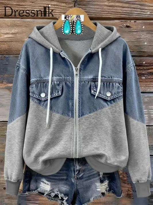 Damen Vintage Print Patchwork Kapuzen pullover mit Reiß verschluss als bild / S