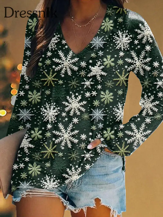 Damen Vintage-Pullover Mit Grüner Weihnachts Schneeflocke V-Ausschnitt