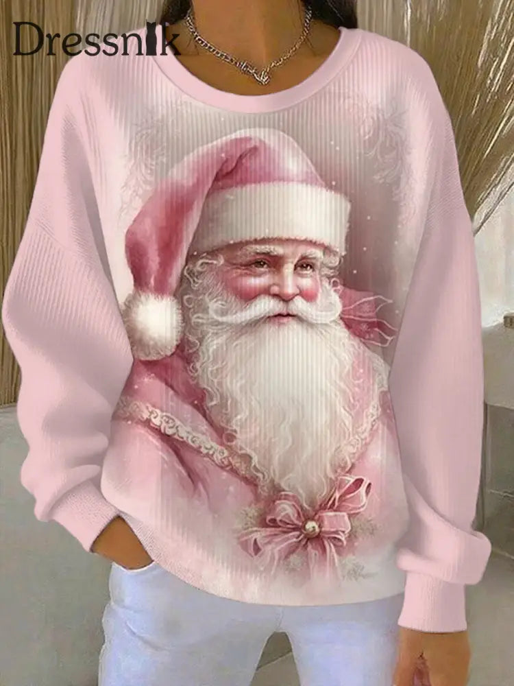 Damen Vintage rosa Weihnachten Santa Claus Print Casual Sweatshirt Rosa / S